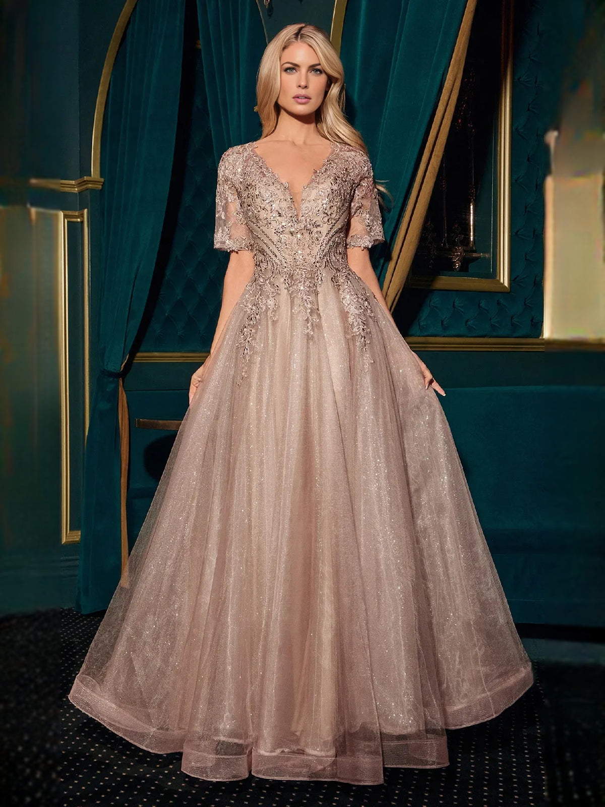Nude a-line maxi formal dress with V-neckline, full-length front view