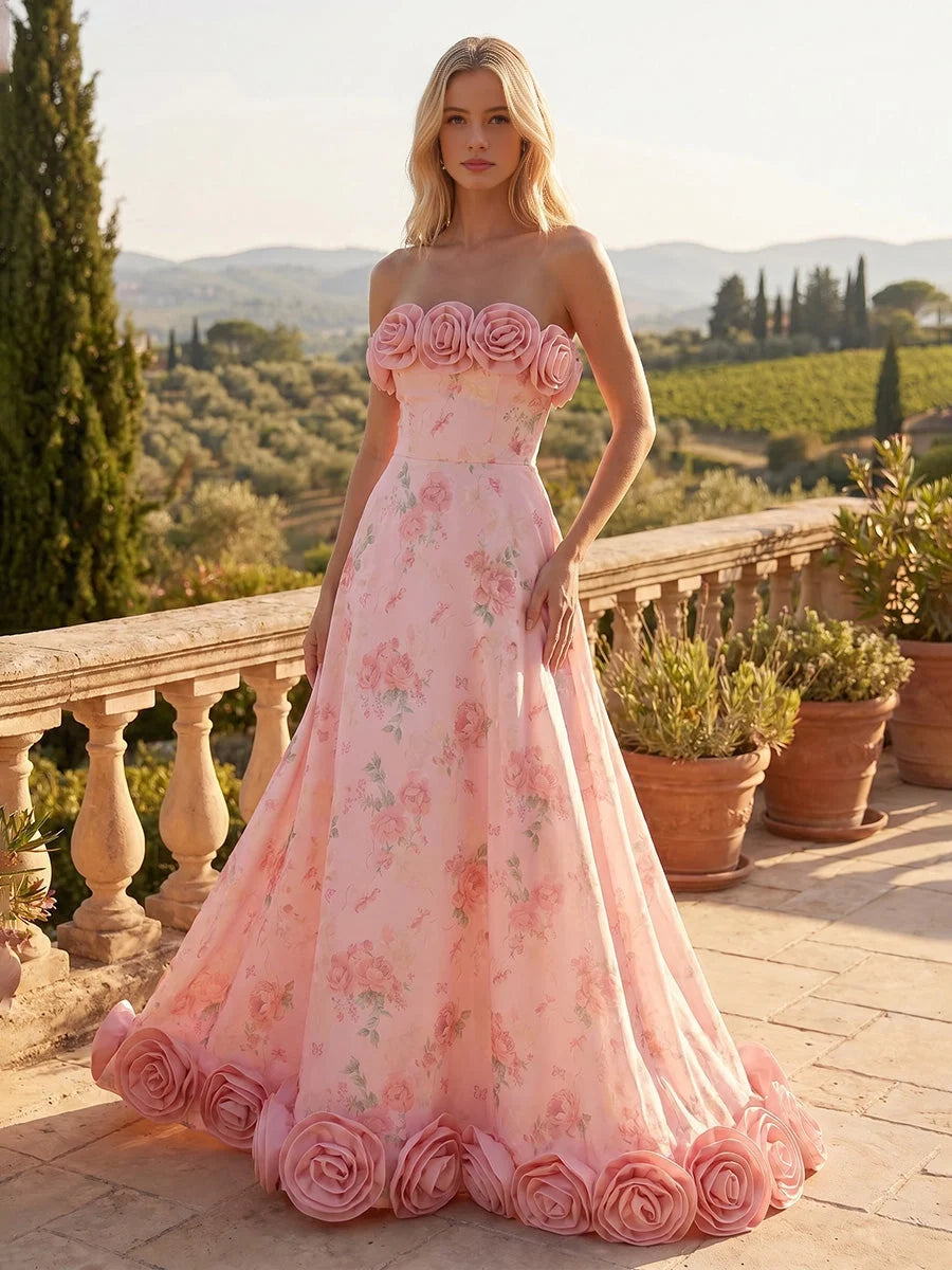 Pink floor-length wedding dress, front view showing the a-line silhouette