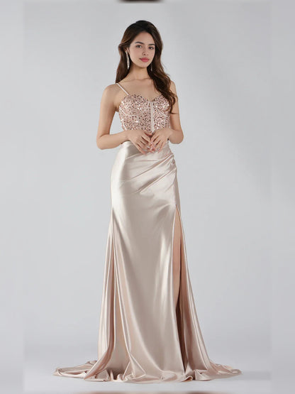 Champagne mermaid floor-length formal dress with sweetheart neckline, full-length front view