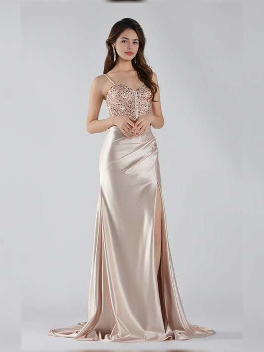 Champagne mermaid floor-length formal dress with sweetheart neckline, full-length front view