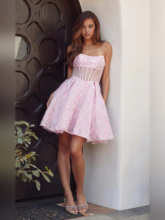 Pink short homecoming dress, alternate view showing the full-length silhouette