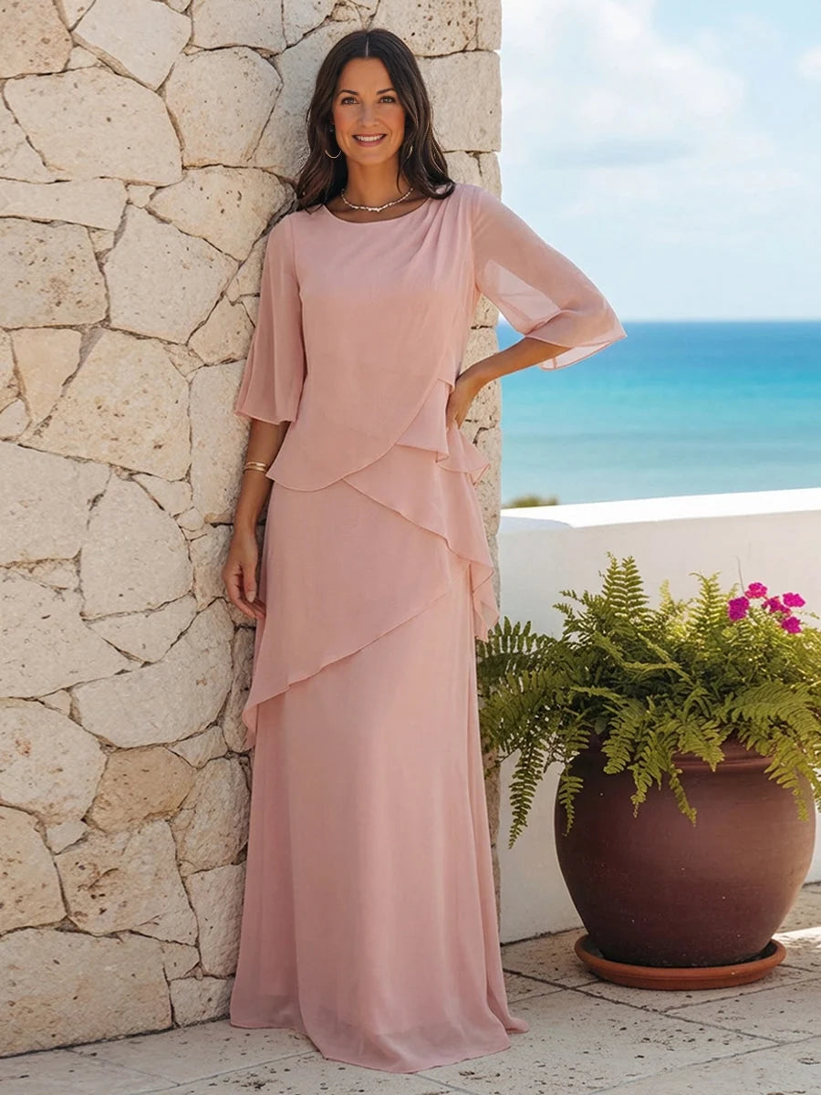 Peach floor-length mother of the bride dress, front view showing the a-line silhouette