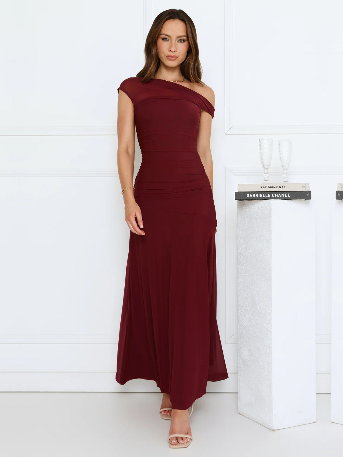 Wine sheath maxi formal dress with off-the-shoulder neckline, full-length front view