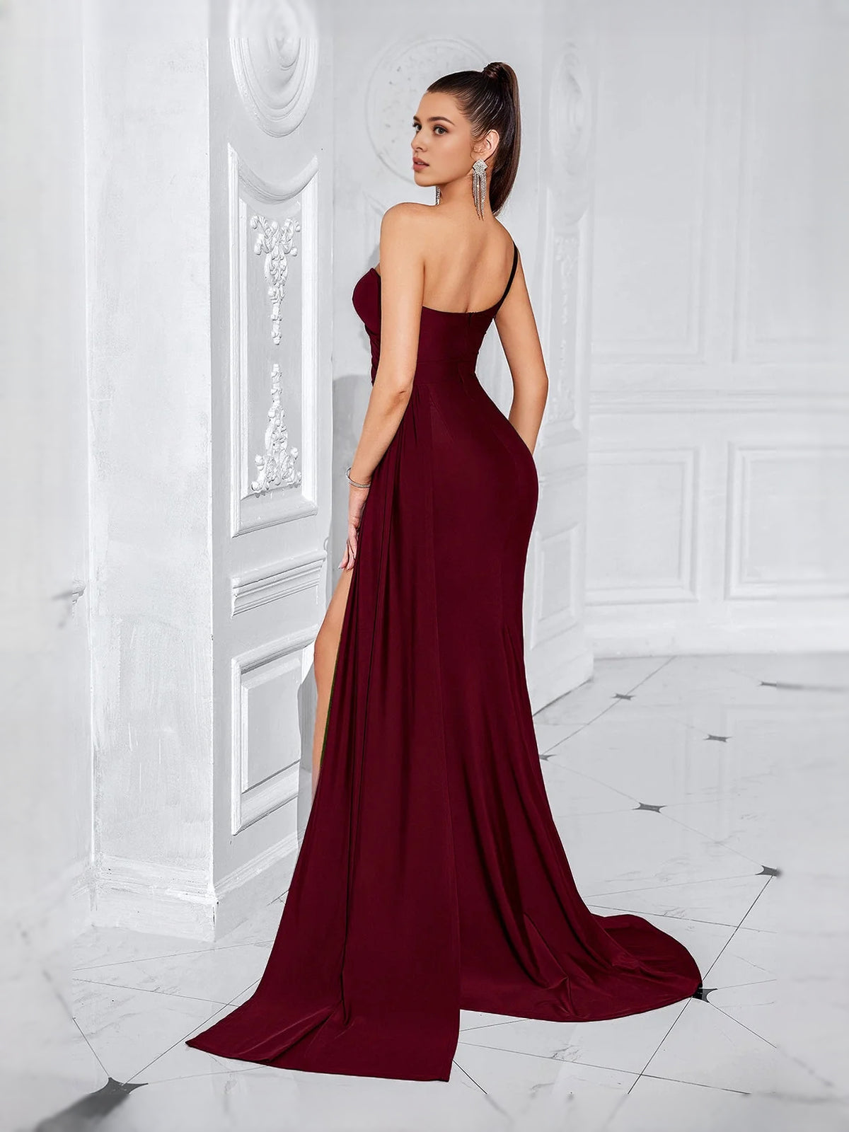 Black floor-length prom dress, front view showing the mermaid silhouette