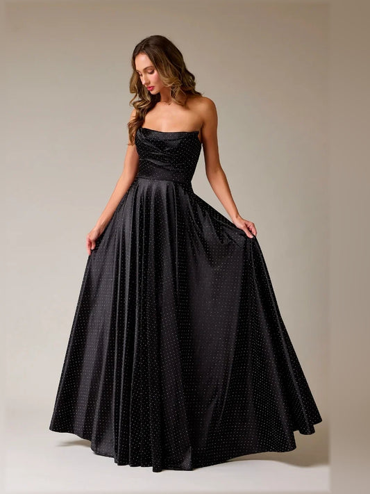 Black a-line floor-length formal dress with cowl neckline, full-length front view