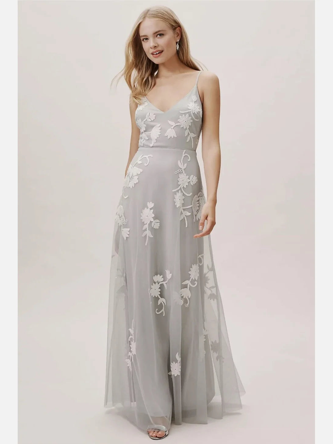 Light Gray maxi prom dress, front view showing the a-line silhouette