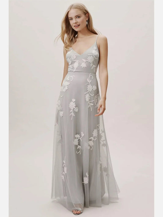 Light Gray maxi prom dress, front view showing the a-line silhouette