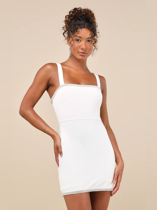 White mini homecoming dress, front view showing the bodycon silhouette