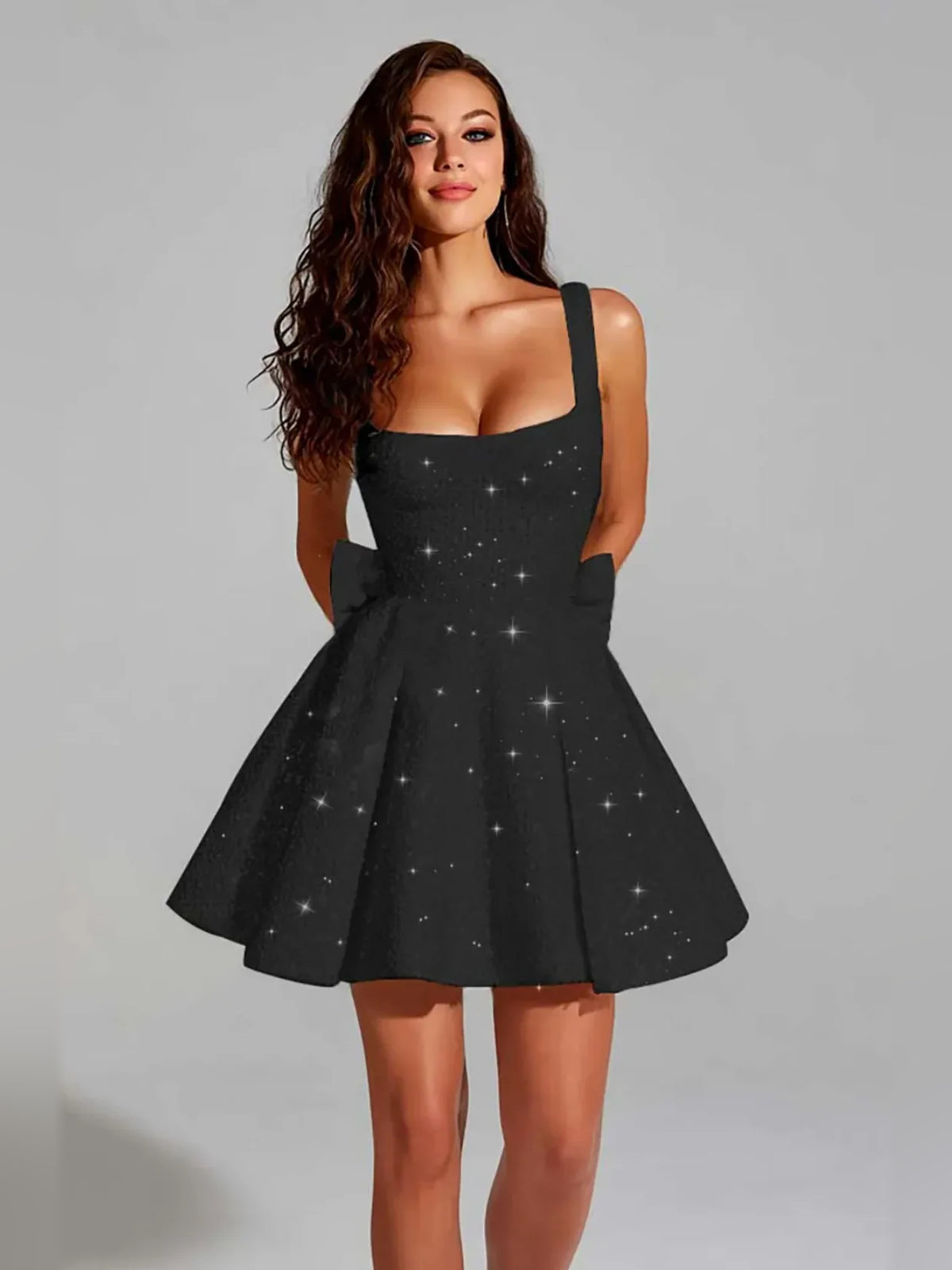 Black mini homecoming dress, alternate view showing the full-length silhouette