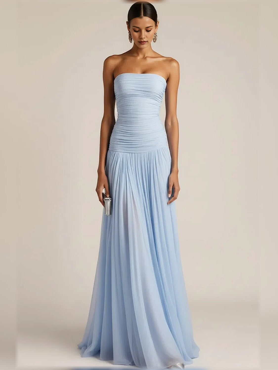 Light Blue a-line floor-length formal dress with strapless neckline, full-length front view