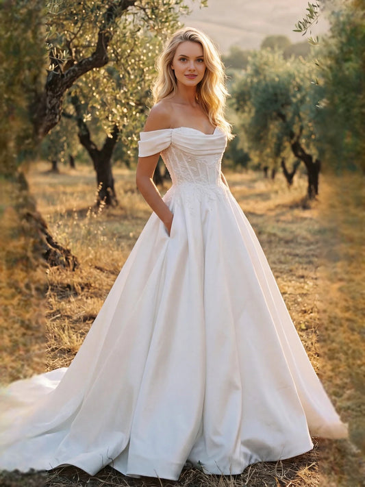 Ivory short wedding dress, front view showing the a-line silhouette