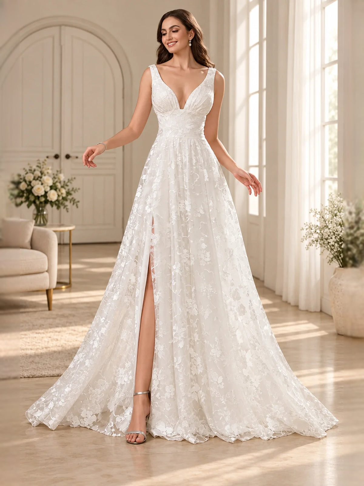Ivory floor-length wedding dress, front view showing the a-line silhouette