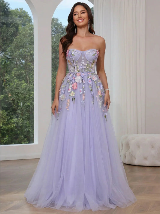 Lavender floor-length prom dress, front view showing the a-line silhouette