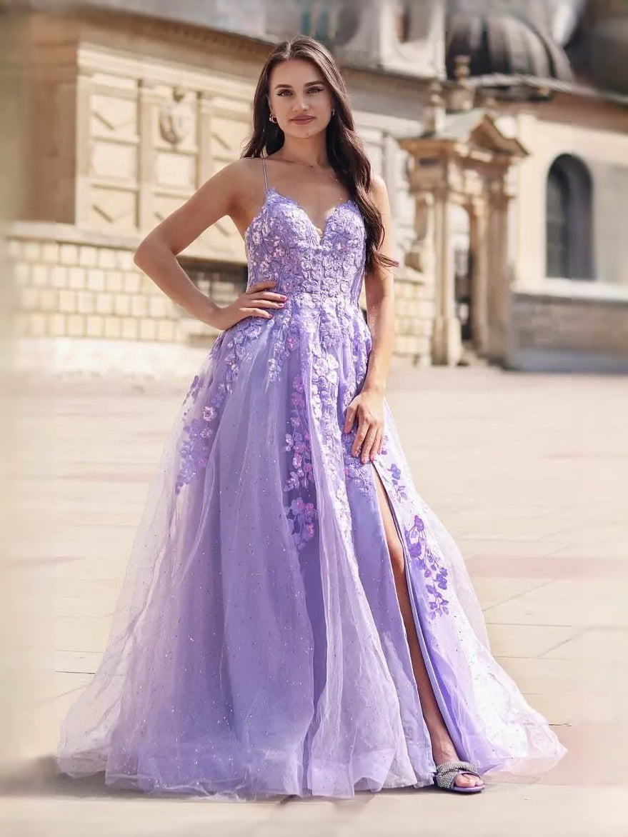 Lavender maxi prom dress, front view showing the a-line silhouette