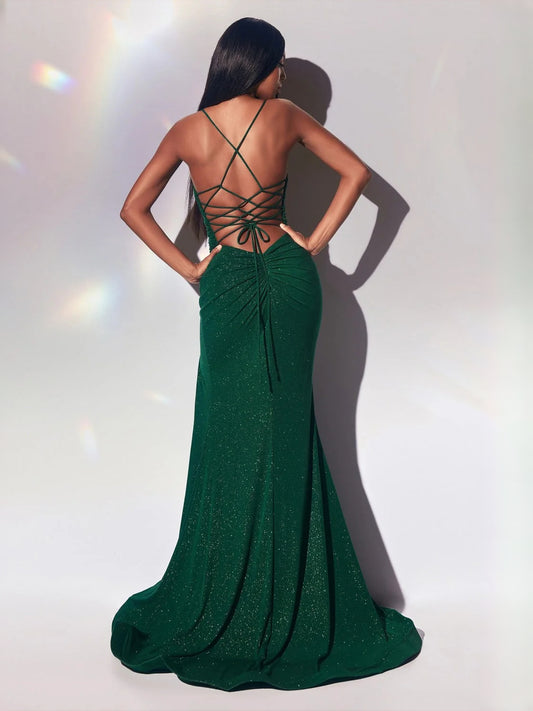 Moss floor-length prom dress, front view showing the mermaid silhouette