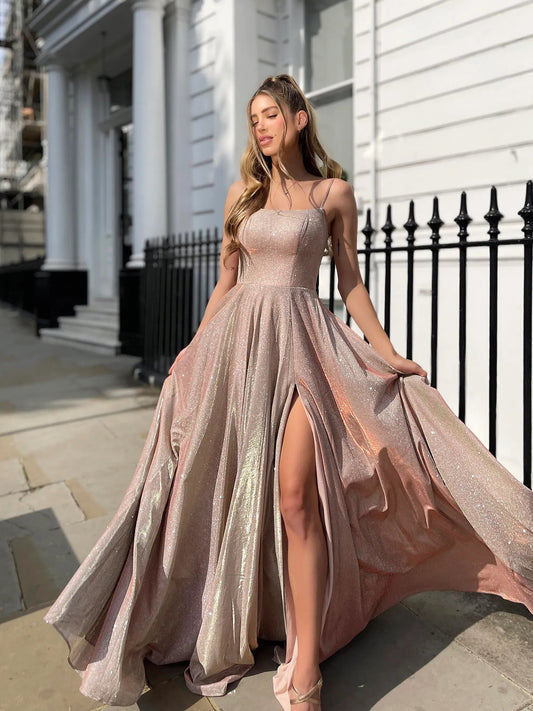 Peach floor-length prom dress, front view showing the a-line silhouette