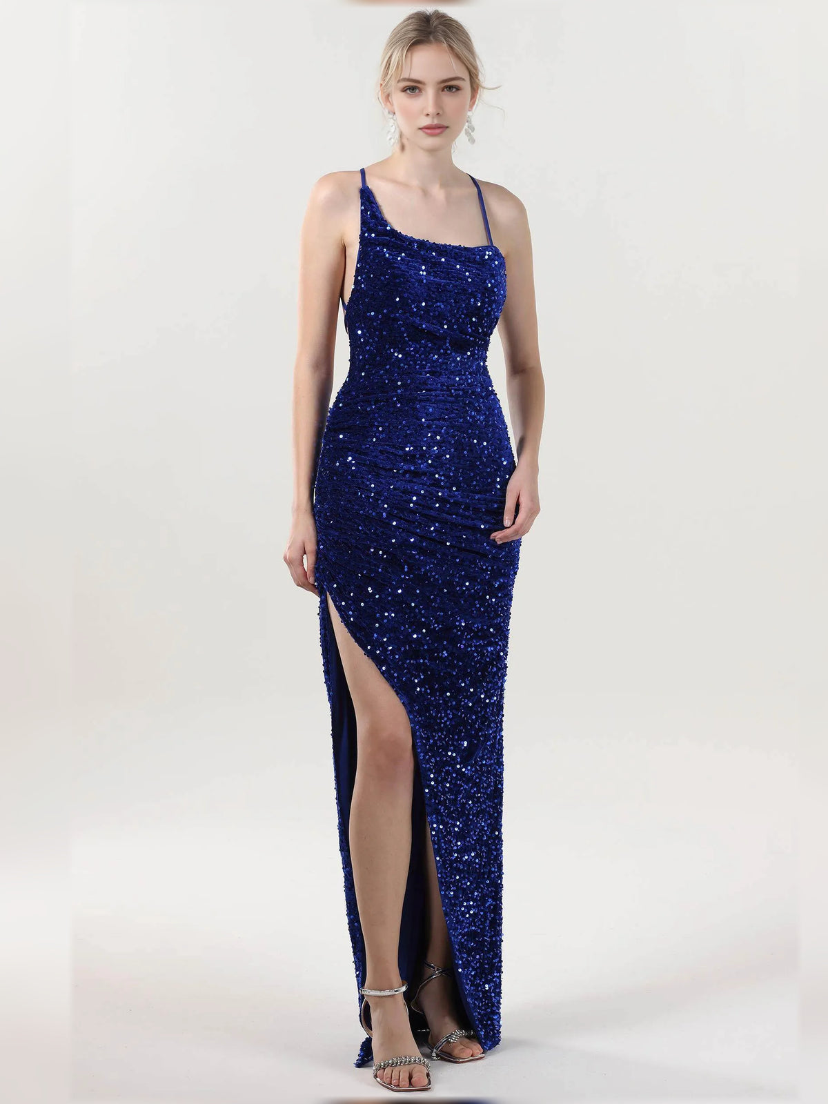 Dark Blue sheath floor-length formal dress with cowl neckline, full-length front view