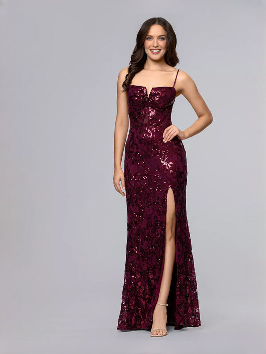 Wine mermaid floor-length formal dress with sweetheart neckline, full-length front view