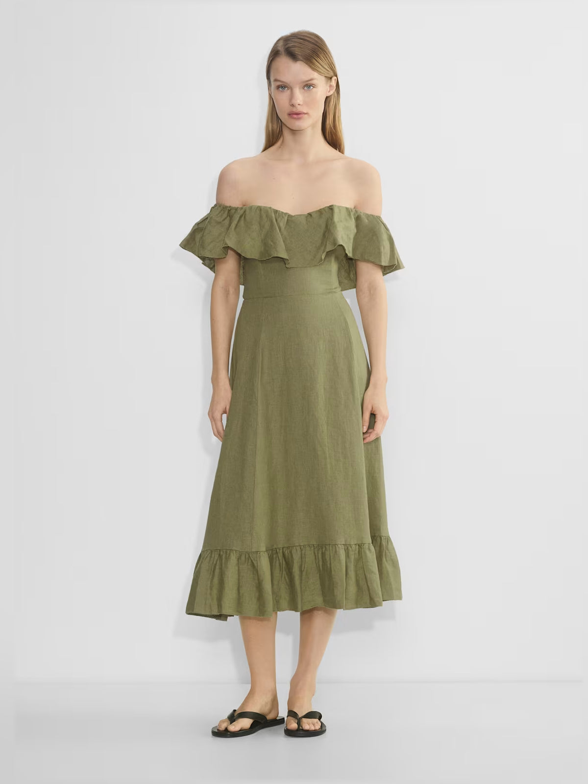 Gold midi formal dress with off-the-shoulder neckline, full-length front view