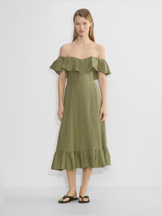 Gold midi formal dress with off-the-shoulder neckline, full-length front view