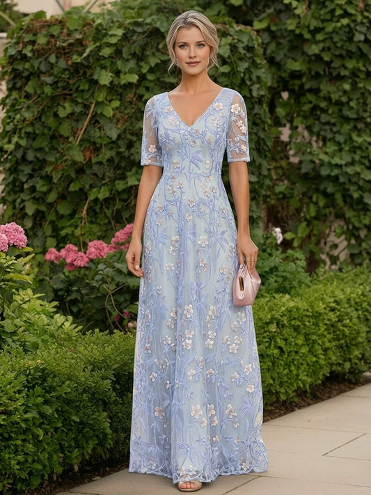 Blue floor-length mother of the bride dress, front view showing the a-line silhouette