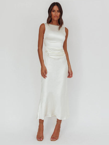 White midi formal dress, full-length front view