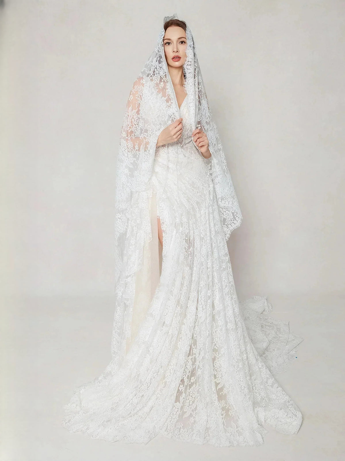 Ivory floor-length wedding dress, front view showing the a-line silhouette