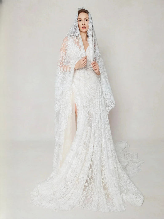 Ivory floor-length wedding dress, front view showing the a-line silhouette