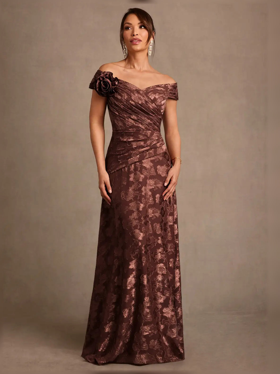 Espresso maxi mother of the bride dress, front view showing the a-line silhouette