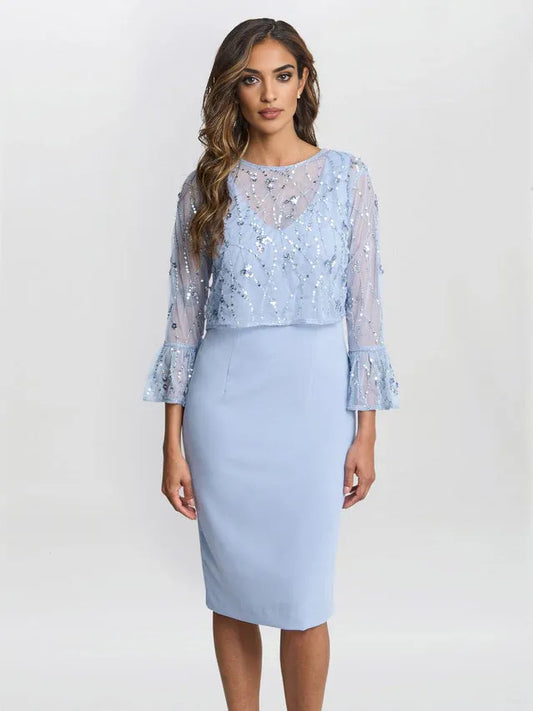 Light Blue knee-length mother of the bride dress, front view showing the sheath silhouette