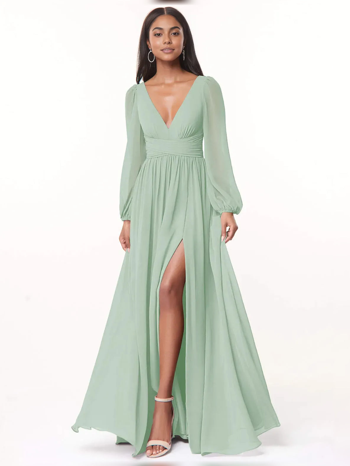 Dusty Sage floor-length bridesmaid dress, front view showing the a-line silhouette