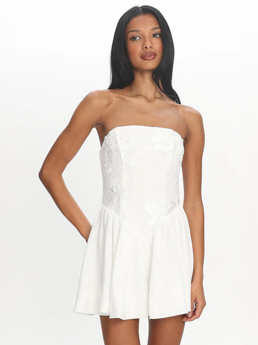 White mini homecoming dress, front view showing the silhouette