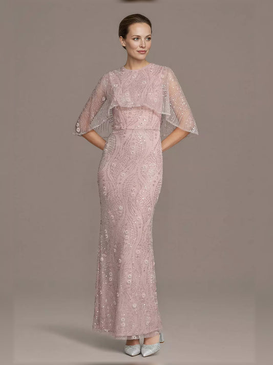 Pink floor-length mother of the bride dress, front view showing the sheath silhouette