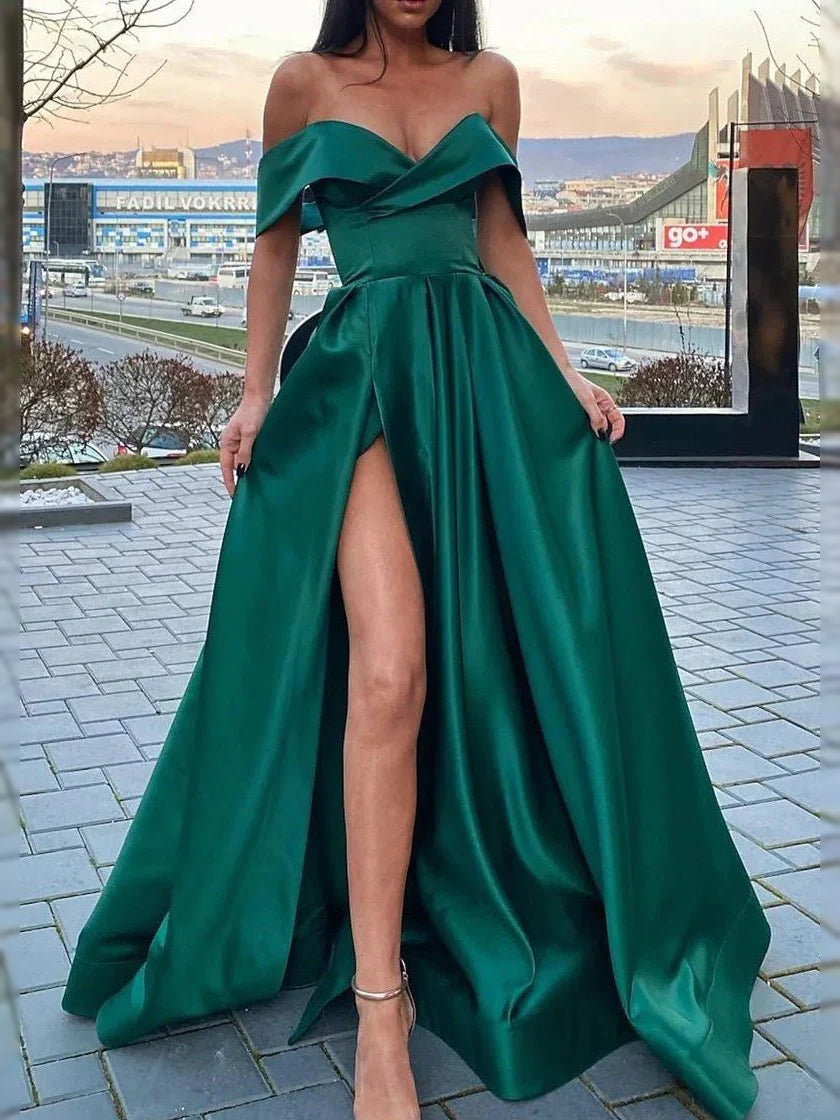 Emerald Green maxi prom dress, front view showing the a-line silhouette