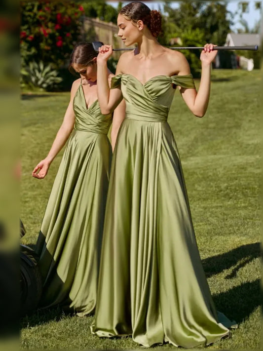 Olive Green floor-length bridesmaid dress, front view showing the a-line silhouette