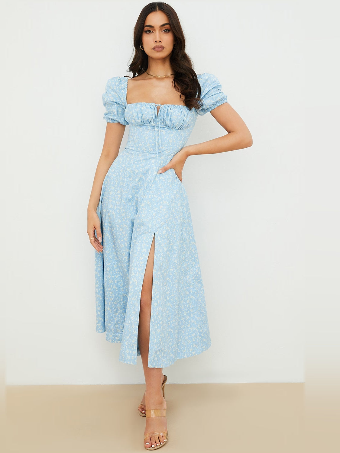 Blue Ivory Floral midi formal dress with floral print, full-length front view