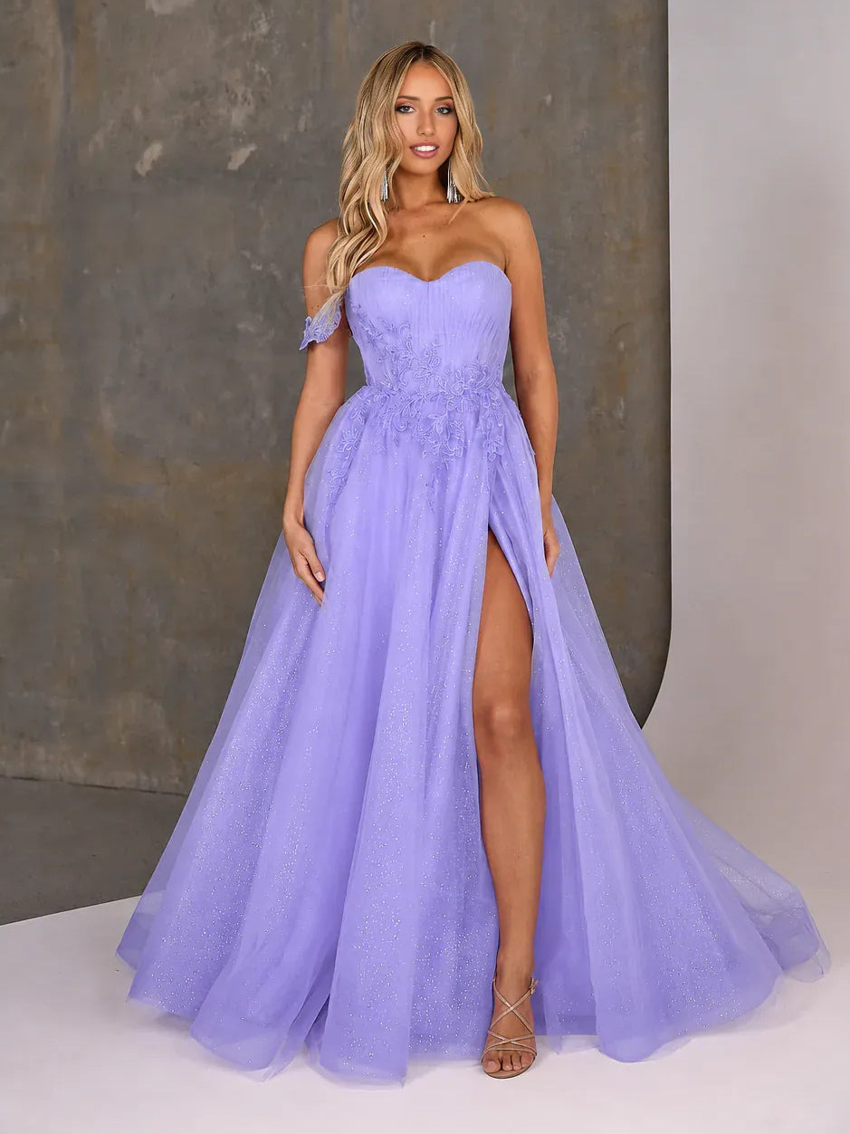 Lilac floor-length prom dress, front view showing the a-line silhouette