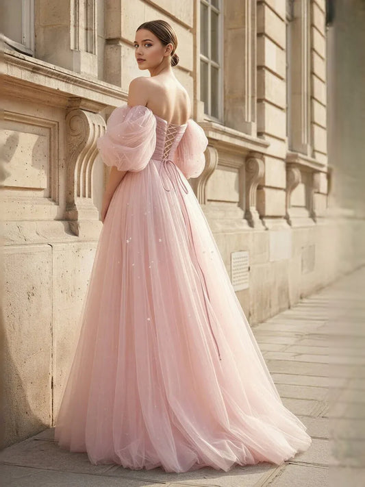 Blush Pink floor-length prom dress, front view showing the a-line silhouette