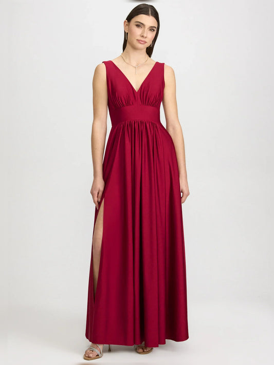 Red a-line floor-length formal dress with V-neckline, full-length front view