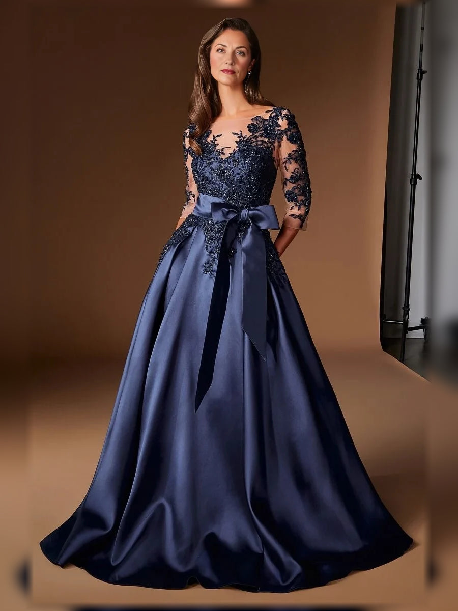 Dark Blue floor-length mother of the bride dress, front view showing the a-line silhouette