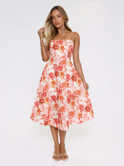 Orange midi formal dress, full-length front view