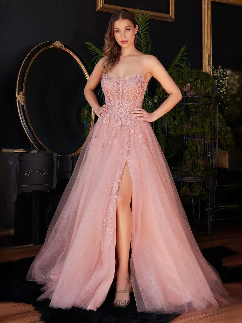 Dusty Rose floor-length prom dress, front view showing the a-line silhouette
