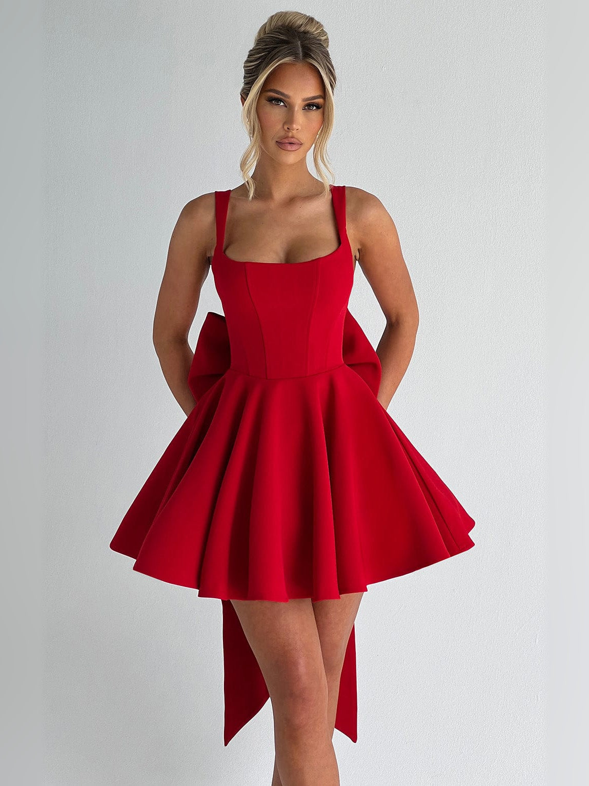 Red mini homecoming dress, front view showing the silhouette