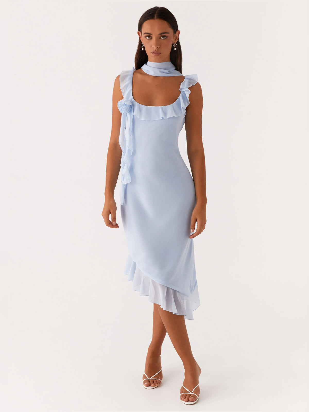 Blue midi formal dress, full-length front view