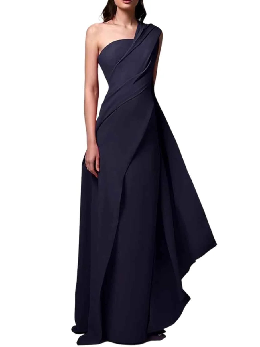 Dark Navy bodycon floor-length formal dress with one-shoulder neckline, full-length front view