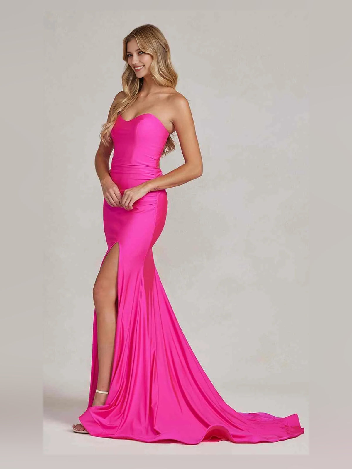 Fuchsia maxi prom dress, front view showing the mermaid silhouette