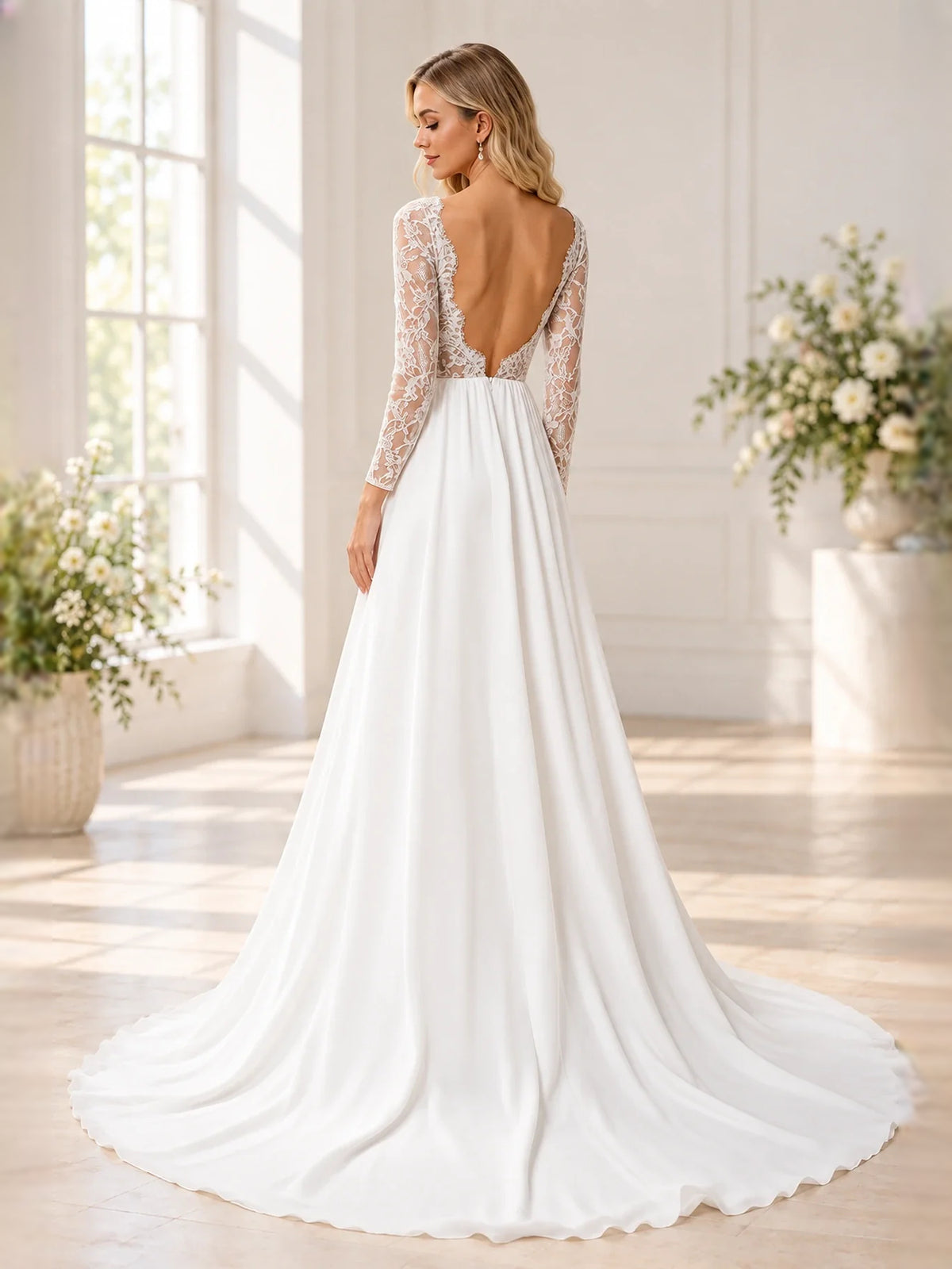 Ivory floor-length wedding dress, front view showing the a-line silhouette