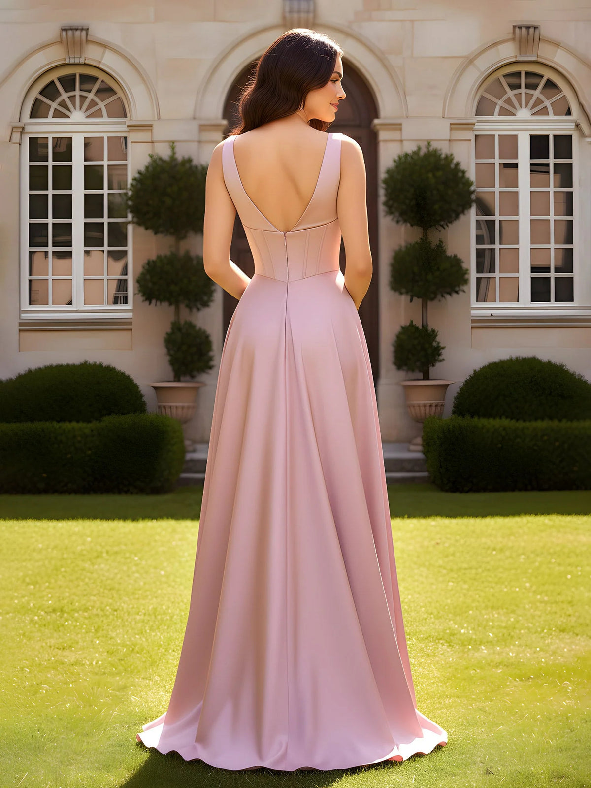 Dusty Rose floor-length prom dress, front view showing the a-line silhouette