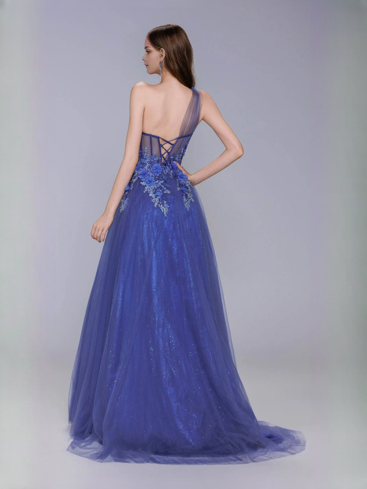 Royal Blue floor-length prom dress, front view showing the a-line silhouette