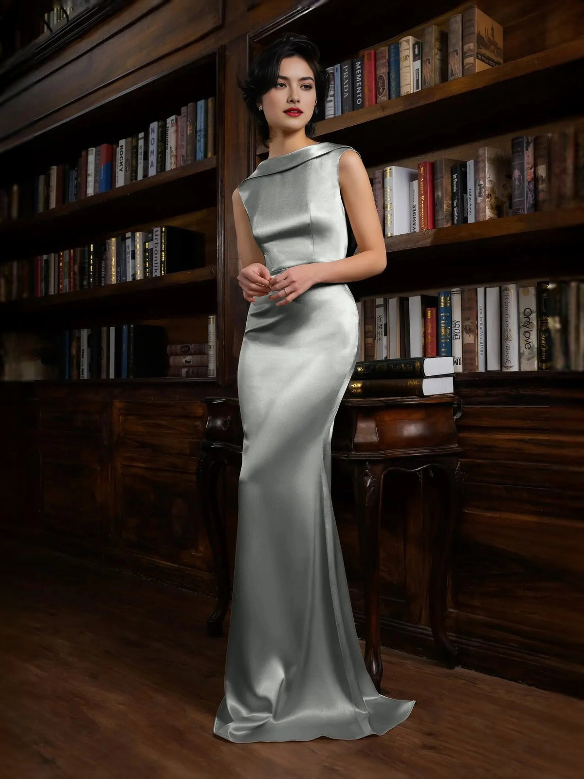 Light Gray maxi prom dress, front view showing the mermaid silhouette
